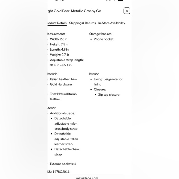 NWT MZ Wallace light gold pearl metallic Crosby Go - Picture 5 of 7